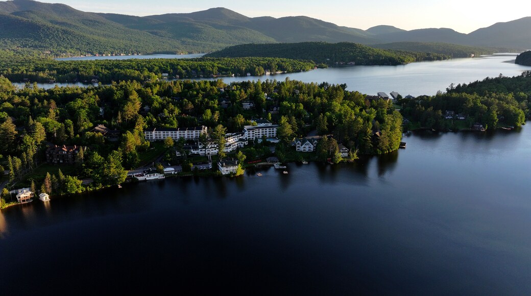 Aerial view of Mirror Lake with Lake Placid behind, Lake Placid, New York