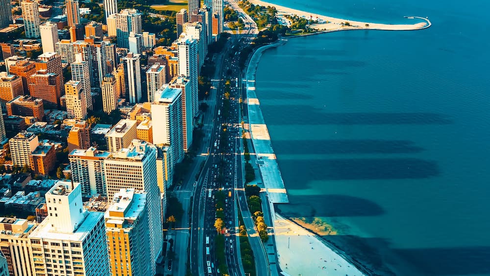 Chicago cityscape with a view of Lake Michigan
