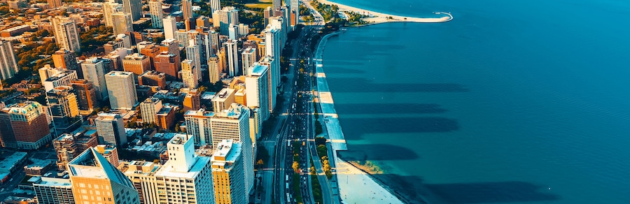 Chicago cityscape with a view of Lake Michigan