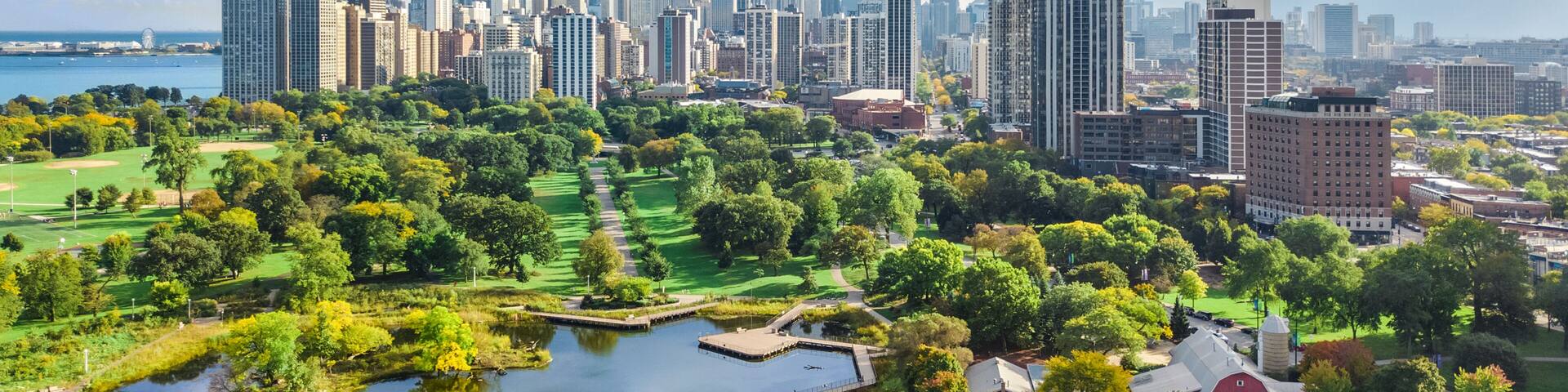 A cityscape with a large body of water, green park areas, and tall buildings.