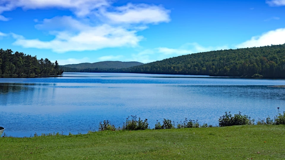 A calm lake surrounded by forested hills under a clear blue sky.