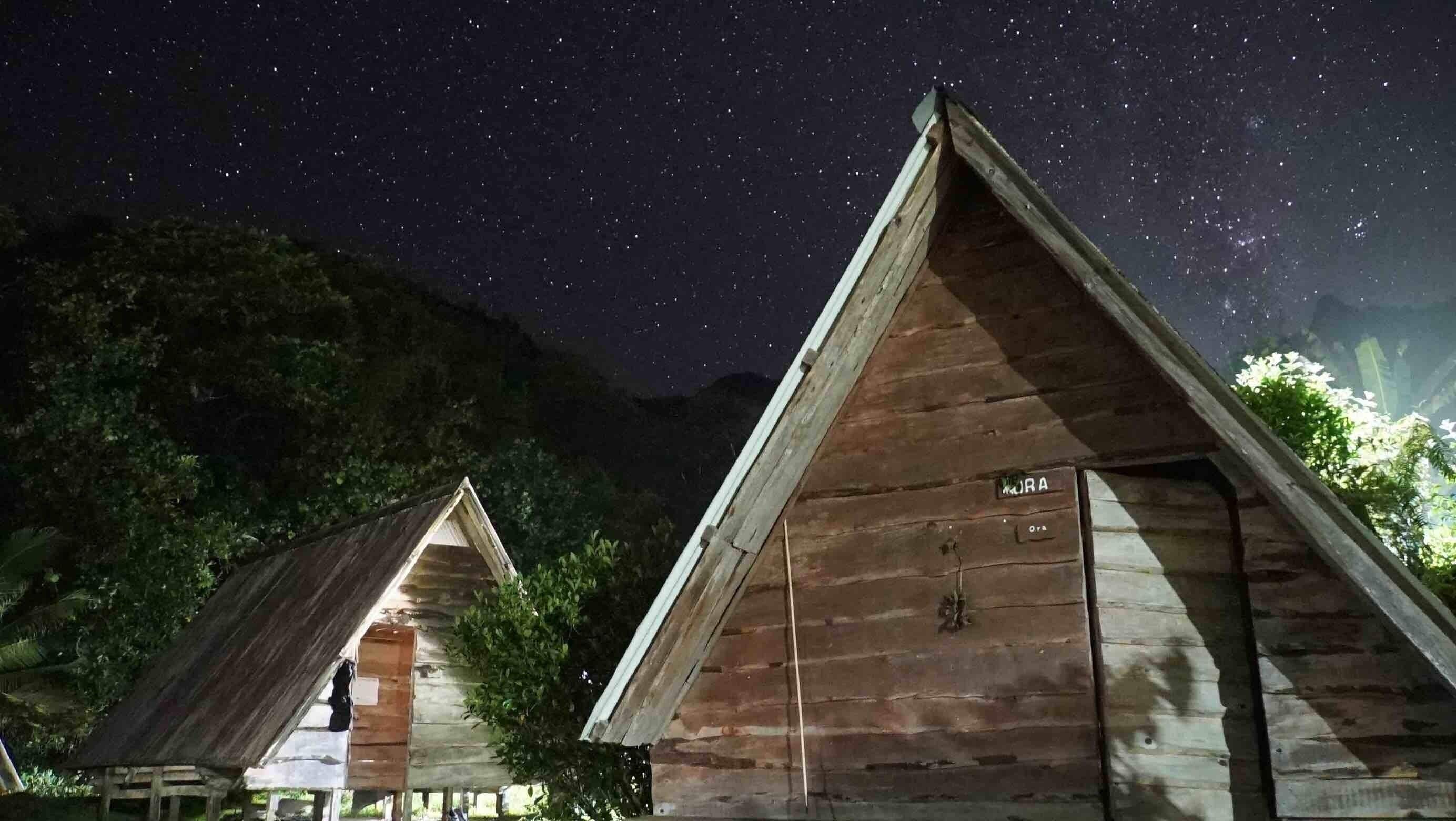 Duas cabanas de madeira sob um céu estrelado.