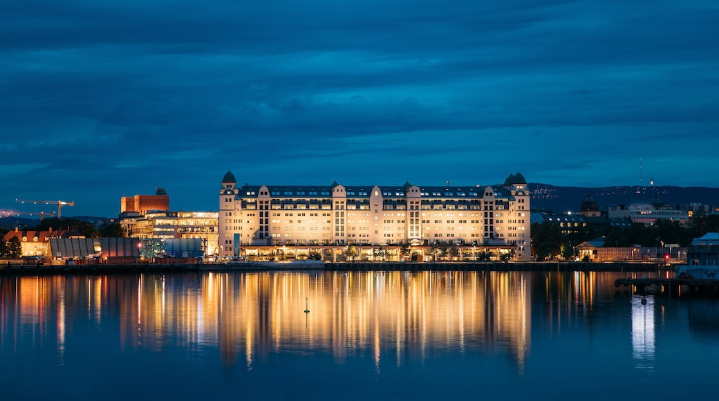 A large, illuminated hotel by a calm body of water at night.