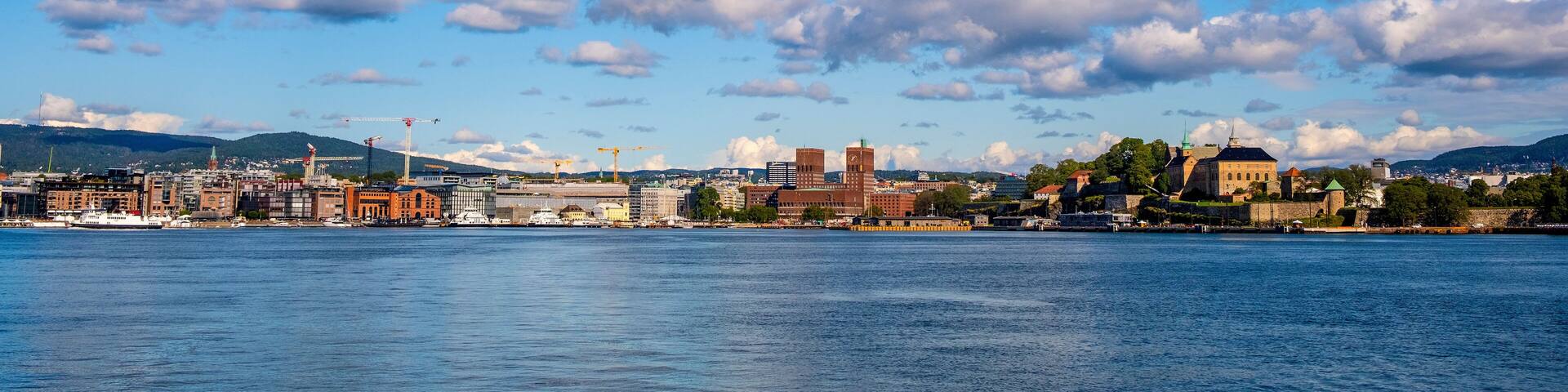 A coastal cityscape with a prominent cathedral, a bridge, and a harbor with boats.