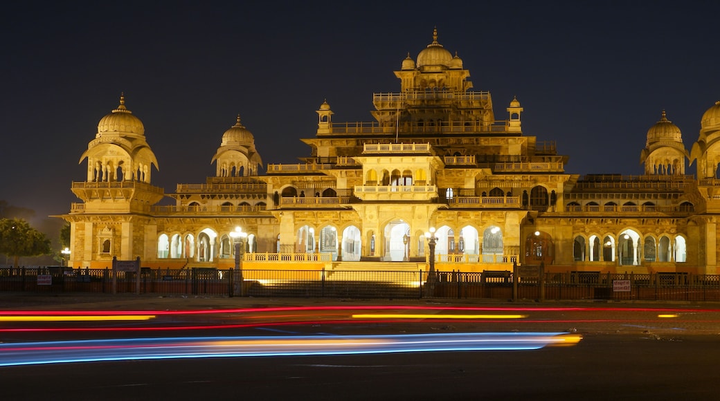 Closeup shot of the Albert Hall Museum in Jaipur in India at night