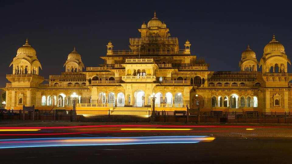 Closeup shot of the Albert Hall Museum in Jaipur in India at night