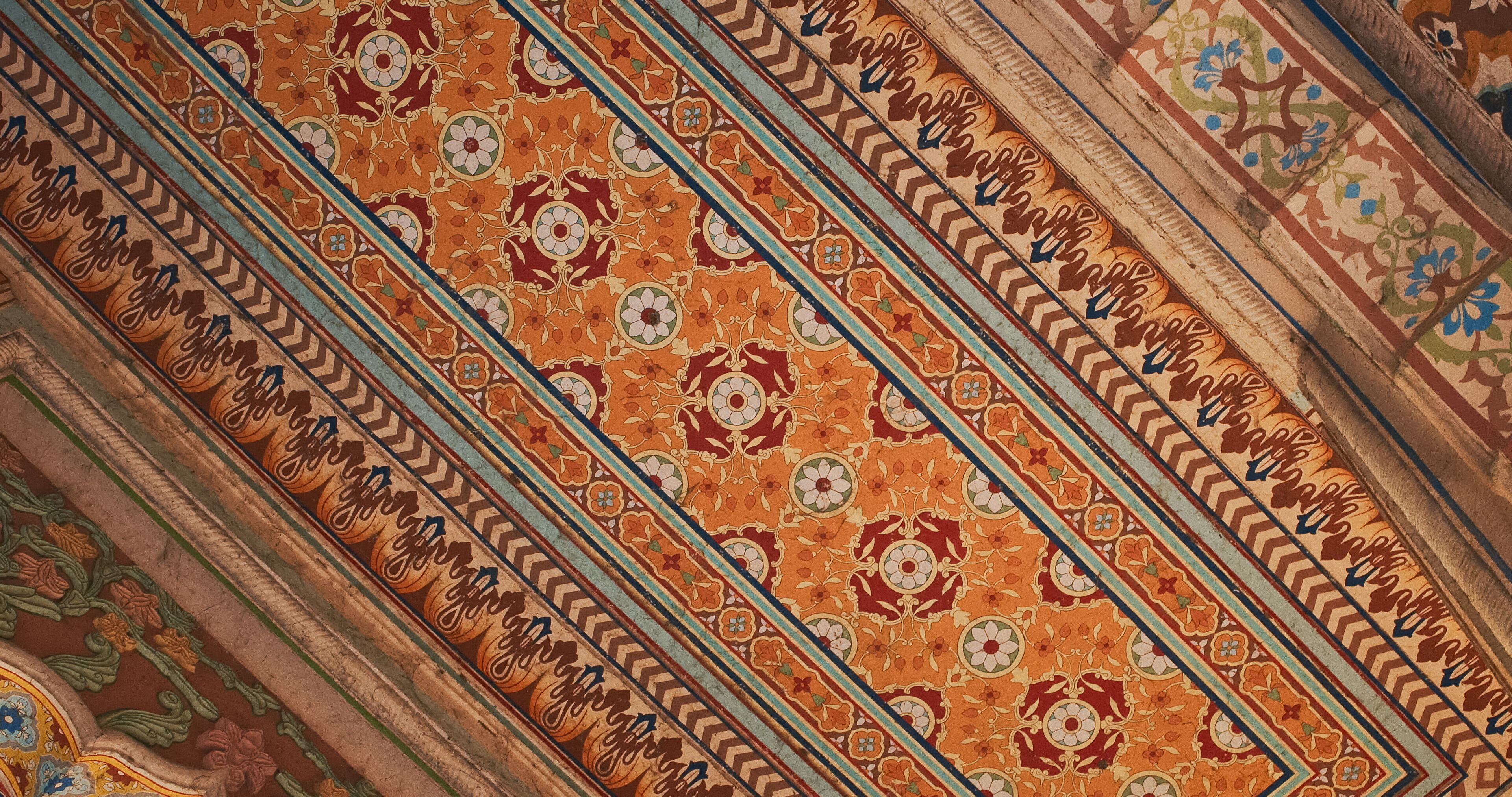 Jaipur, Rajasthan, India. Patrika Gate at Jawahar Circle. Interior inside, many Colorful ornament patterns on old walls. old Pink city. Celling in ornament