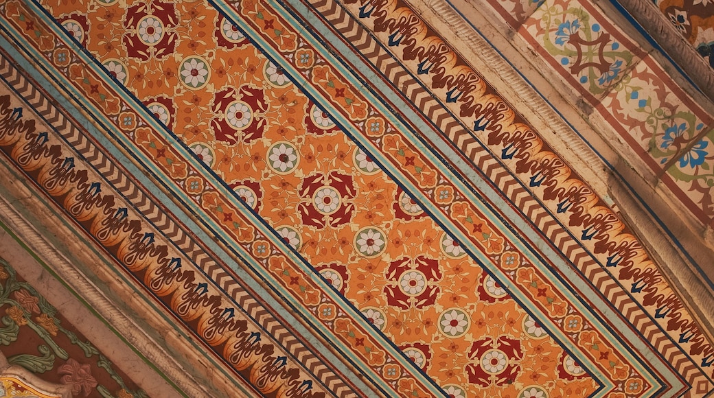Jaipur, Rajasthan, India. Patrika Gate at Jawahar Circle. Interior inside, many Colorful ornament patterns on old walls. old Pink city. Celling in ornament