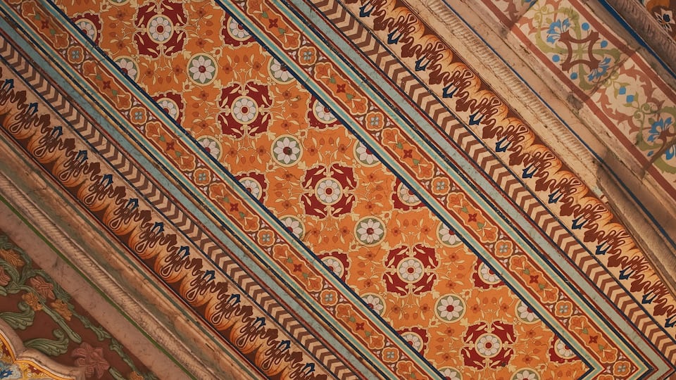 Jaipur, Rajasthan, India. Patrika Gate at Jawahar Circle. Interior inside, many Colorful ornament patterns on old walls. old Pink city. Celling in ornament