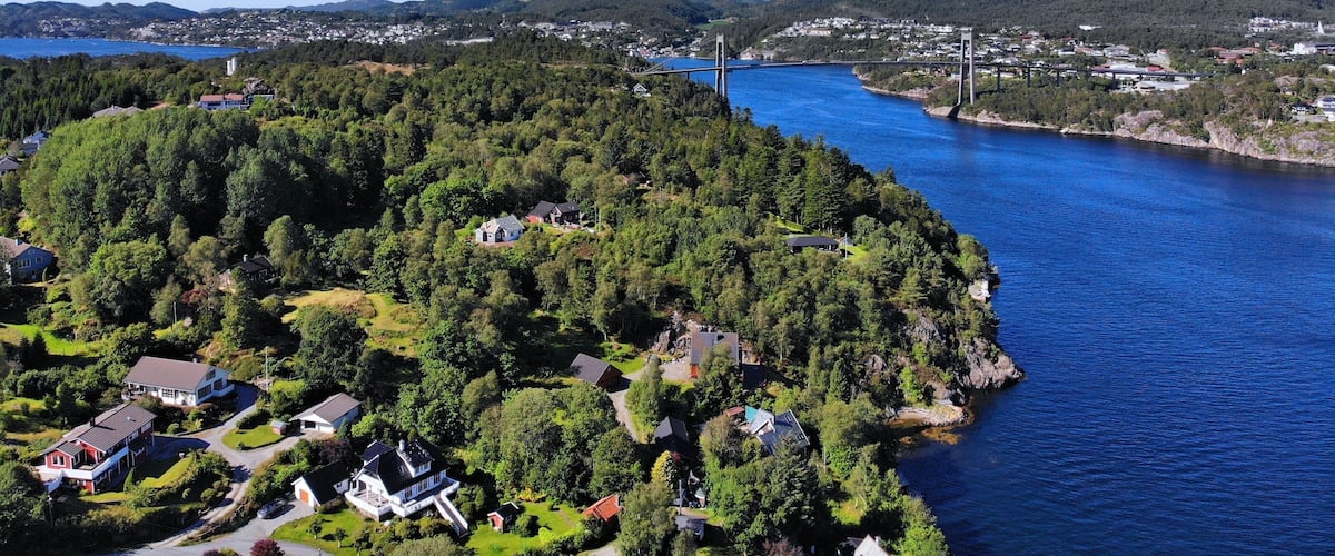 A river with a bridge, surrounded by dense forests and residential areas.