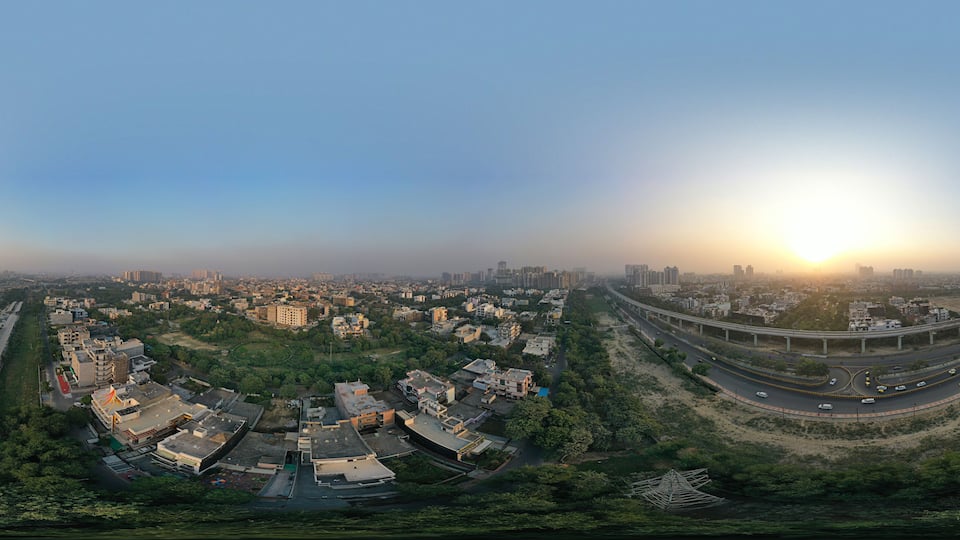 Panoramic aerial view of Noida,gurgaon, india, Rapid metro tracks in urban areas of Delhi NCR. Cityscape.
