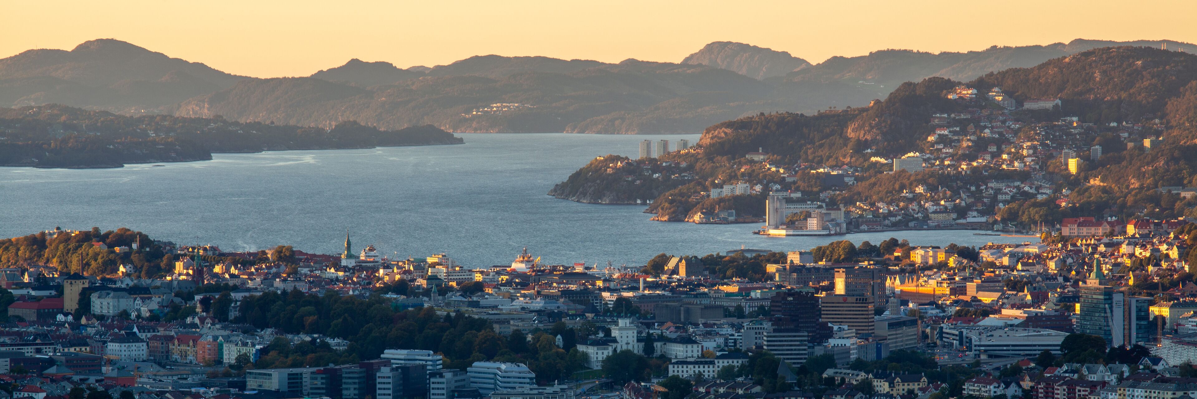 View of the city Bergen in Norway. Sunset in Bergen Vestland.