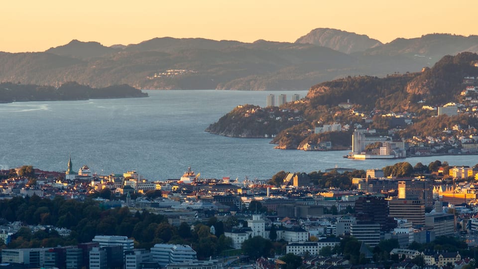 View of the city Bergen in Norway. Sunset in Bergen Vestland.