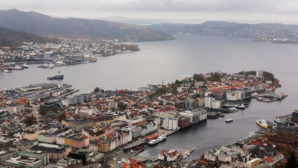 View over Bergen, Hordaland, Norway, from Mount Fløyen on an overcast Autumn day