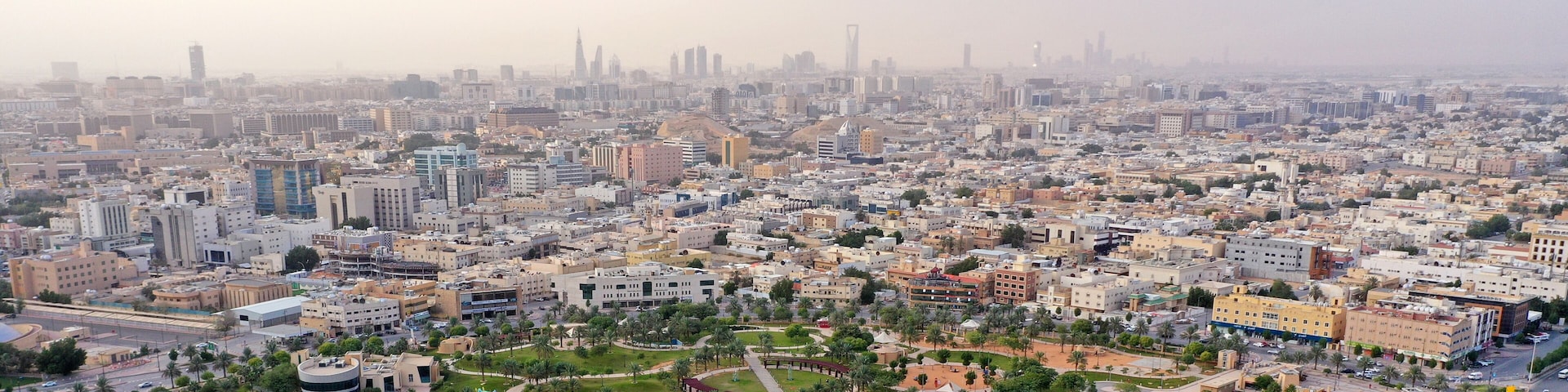 A cityscape with a mix of modern and traditional architecture, a central park with palm trees, and a hazy skyline in the background.