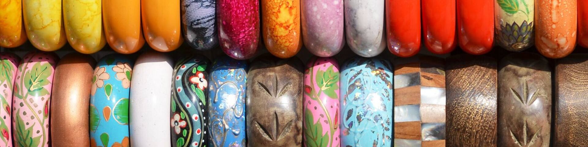 Wooden bracelets on a street market in Delhi, India