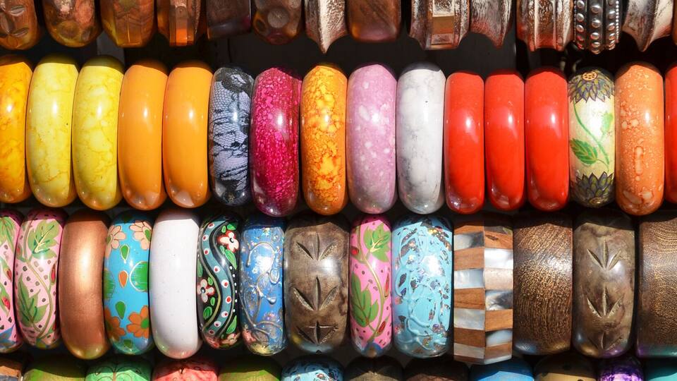 Wooden bracelets on a street market in Delhi, India