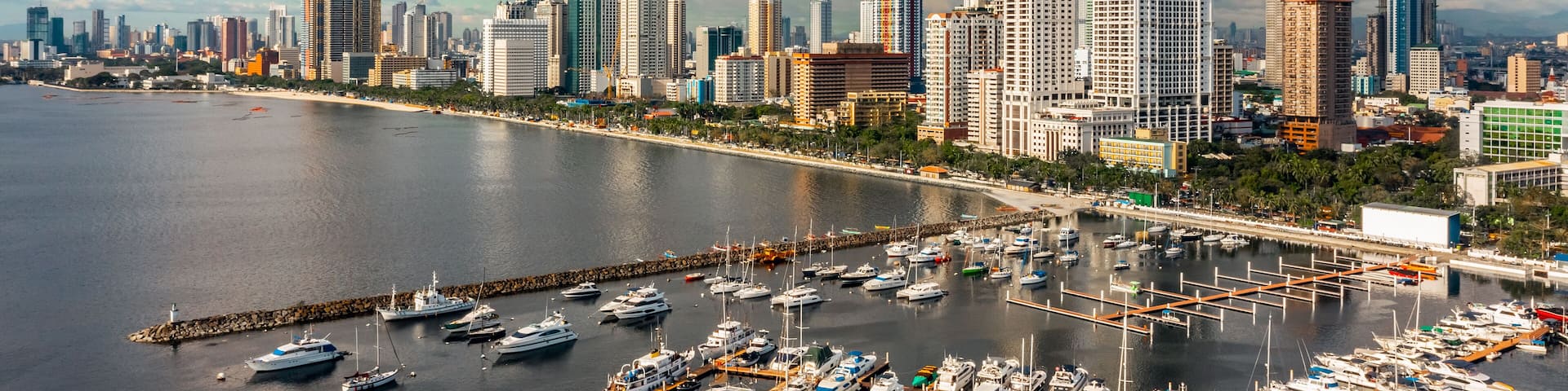 A marina with numerous boats docked, a city skyline with tall buildings, and a cloudy sky.
