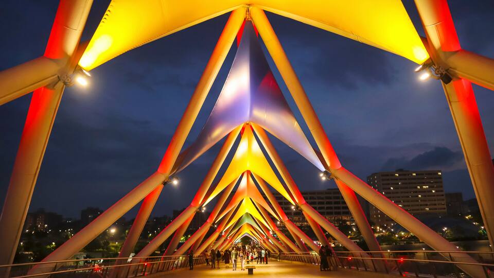 View of Atal Bridge built on the Sabarmati River in the city center of Ahmedabad, Gujarat, India.