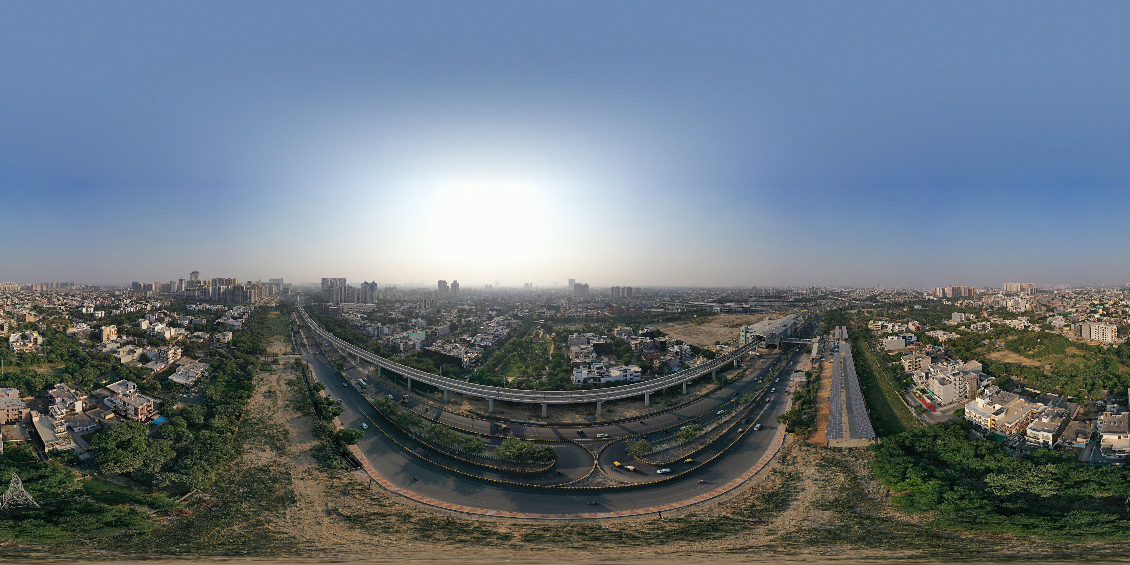 Panoramic aerial view of Noida,gurgaon, india, Rapid metro tracks in urban areas of Delhi NCR. Cityscape.