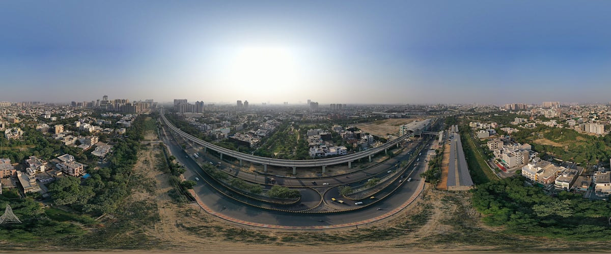 Panoramic aerial view of Noida,gurgaon, india, Rapid metro tracks in urban areas of Delhi NCR. Cityscape.