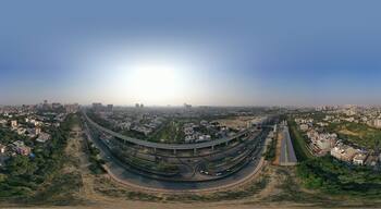 Panoramic aerial view of Noida,gurgaon, india, Rapid metro tracks in urban areas of Delhi NCR. Cityscape.