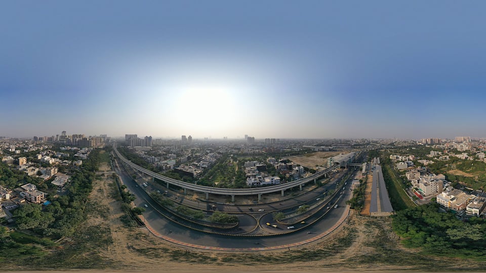 Panoramic aerial view of Noida,gurgaon, india, Rapid metro tracks in urban areas of Delhi NCR. Cityscape.