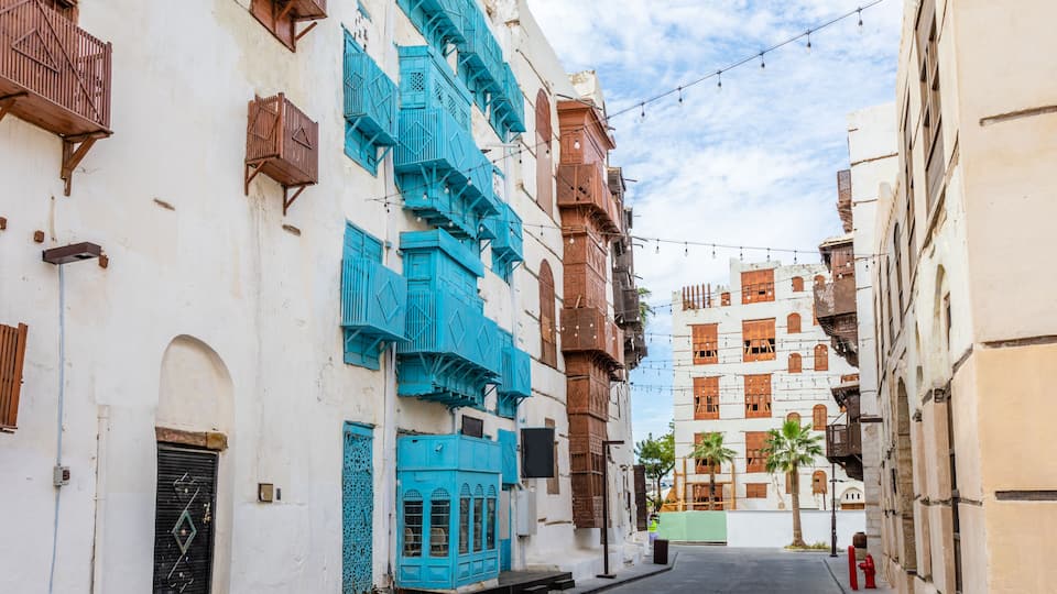 Al-Balad old town with traditional muslim houses with wooden windows and balconies, Jeddah, Saudi Arabia