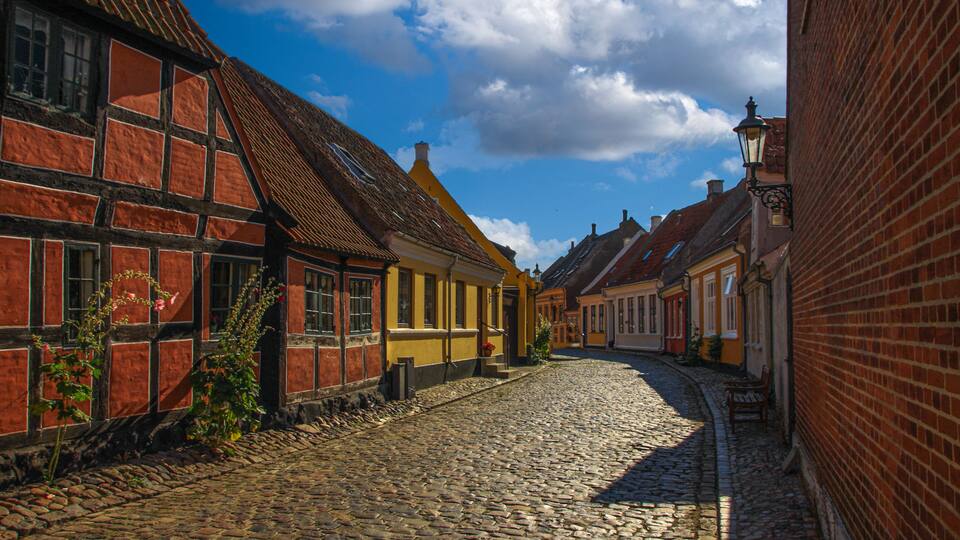 Colorful houses in Den Gamle By open-air museum in Aarhus, Denmark