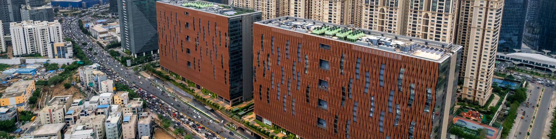 Aerial view of Hitec city with in Hyderabad city a major Information technology hub in India, Locates several big tech companies.