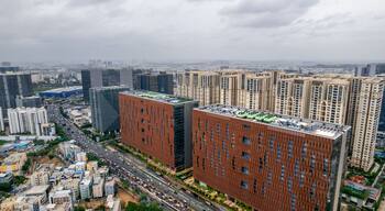 Aerial view of Hitec city with in Hyderabad city a major Information technology hub in India, Locates several big tech companies.