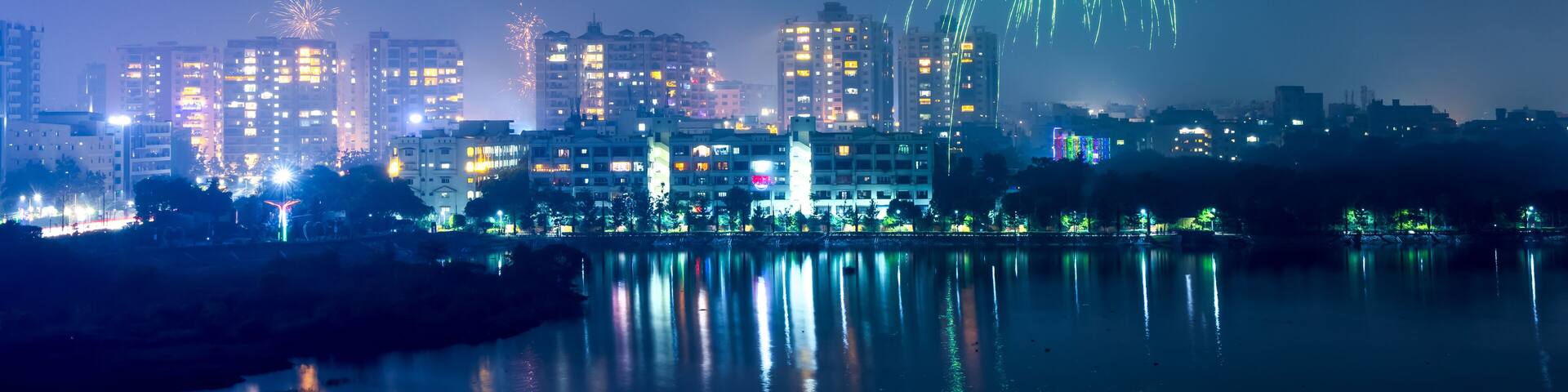 Hyderabad cityscape in India. illuminated with Diwali festival fireworks.