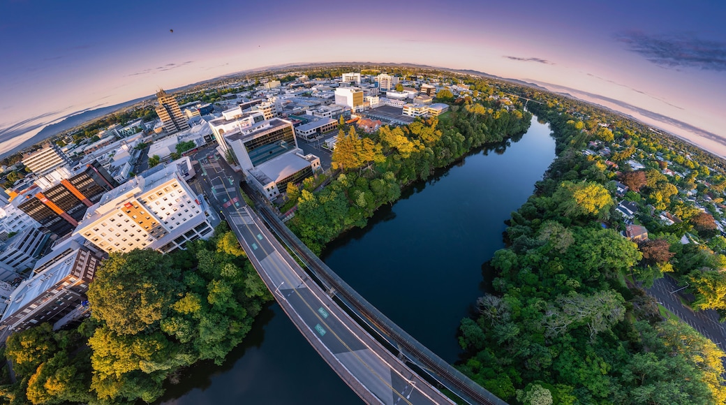 Aerial drone view, from Claudelands Bridge, over Hamilton City (Kirikiriroa) in the Waikato region of New Zealand