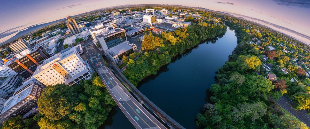 Aerial drone view, from Claudelands Bridge, over Hamilton City (Kirikiriroa) in the Waikato region of New Zealand