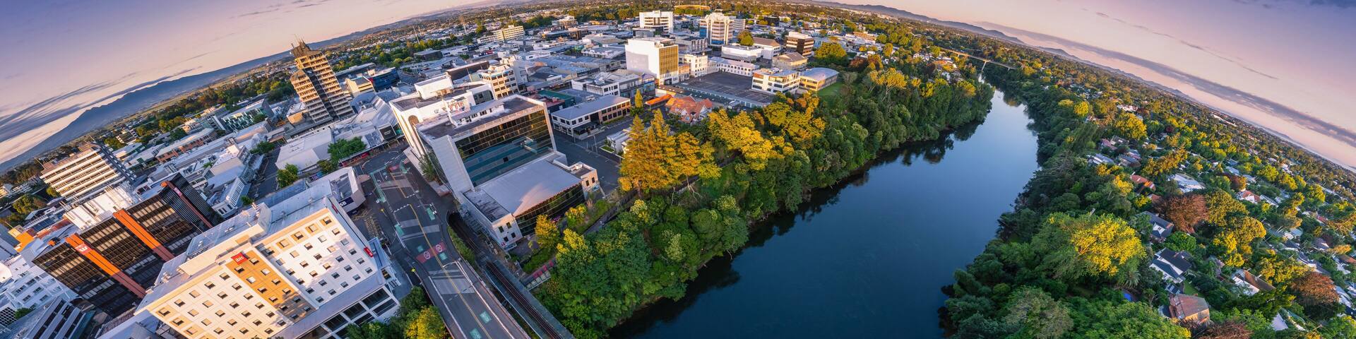 Aerial drone view, from Claudelands Bridge, over Hamilton City (Kirikiriroa) in the Waikato region of New Zealand