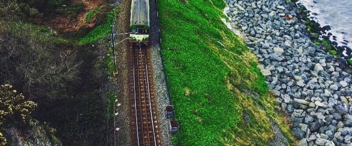 A train traveling along a coastal track with rocky terrain and greenery.