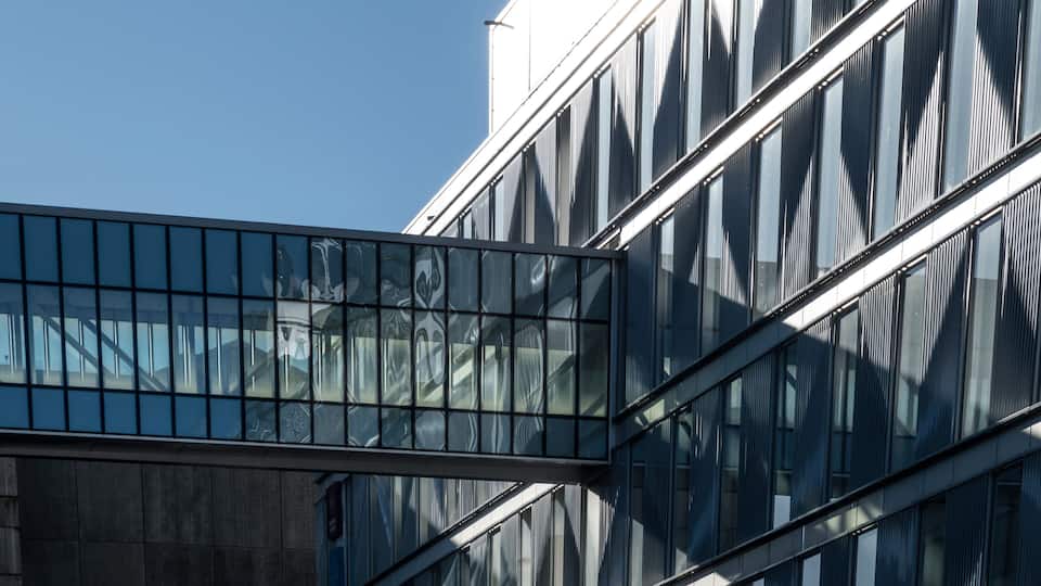 Stockholm, Sweden Modern buildings around the Huddinge hospital in the Flemingsberg suburb or district on a sunny winter day.