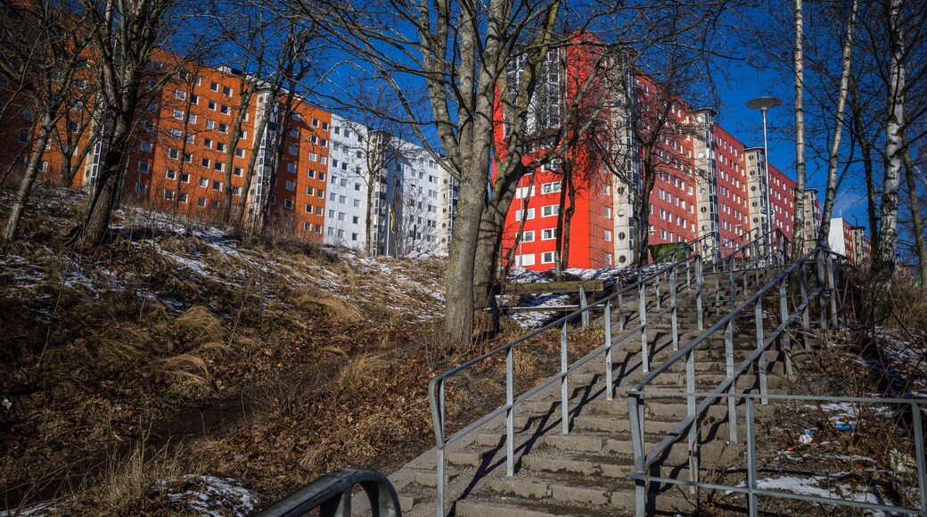 Stockholm, Sweden A public staircase in the Flemingsberg suburb or district on a sunny winter day.