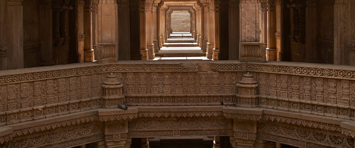 Ornately carved stonework of the Adalaj Stepwell on the outskirts of Ahmadabad, Gujarat, India. Built circa 1499.