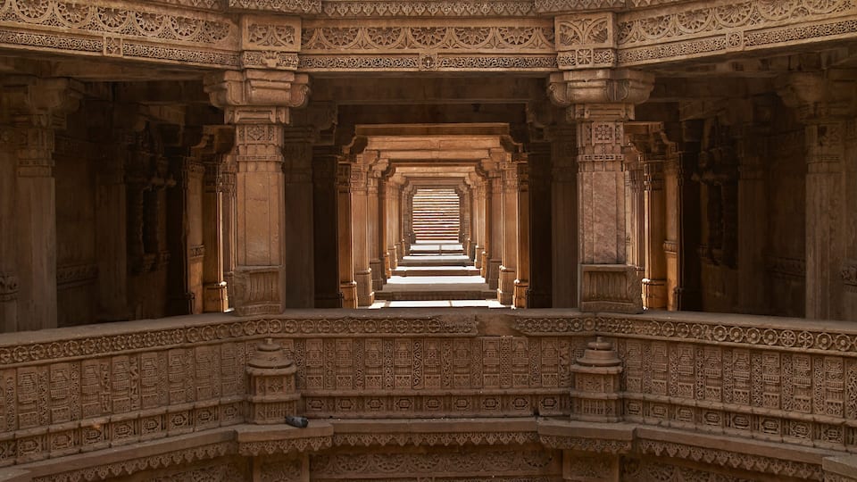 Ornately carved stonework of the Adalaj Stepwell on the outskirts of Ahmadabad, Gujarat, India. Built circa 1499.