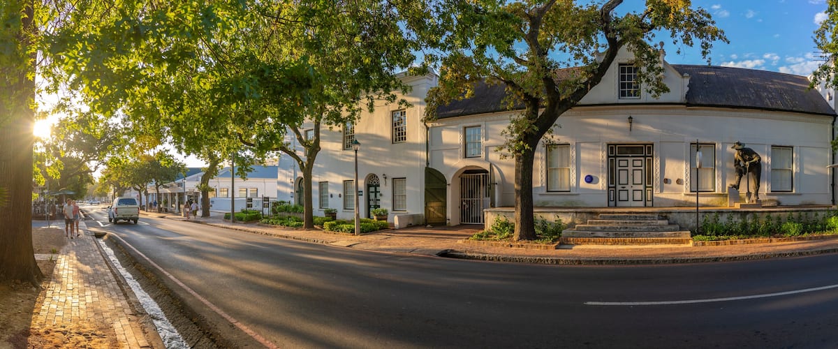 View of whitewashed architecture, Stellenbosch Central, Stellenbosch, Western Cape