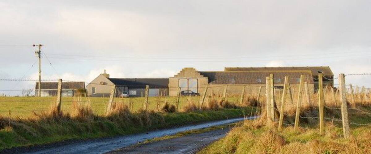 A rural road with a fence, a building, and a power line.