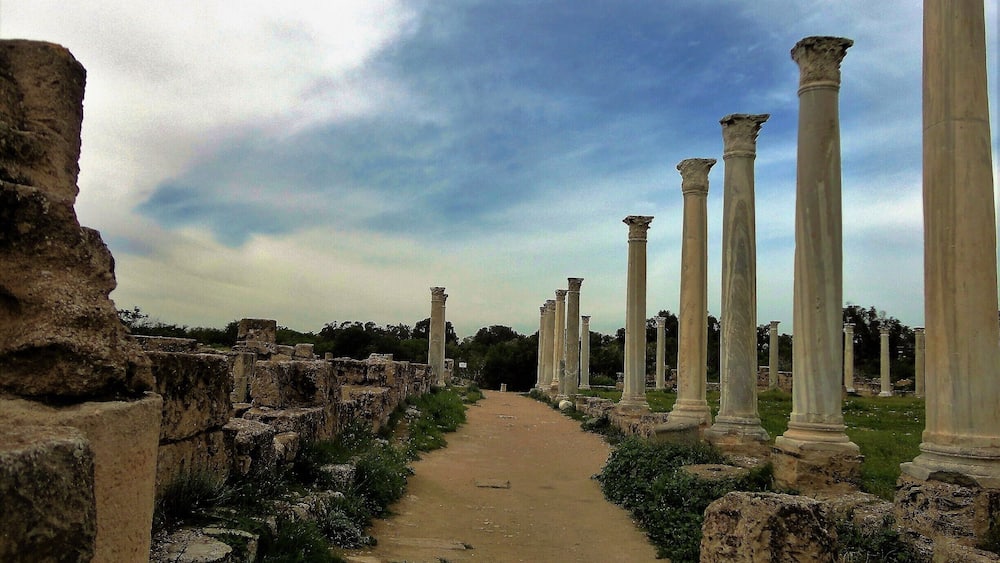 Ancient ruins with columns and a dirt path.