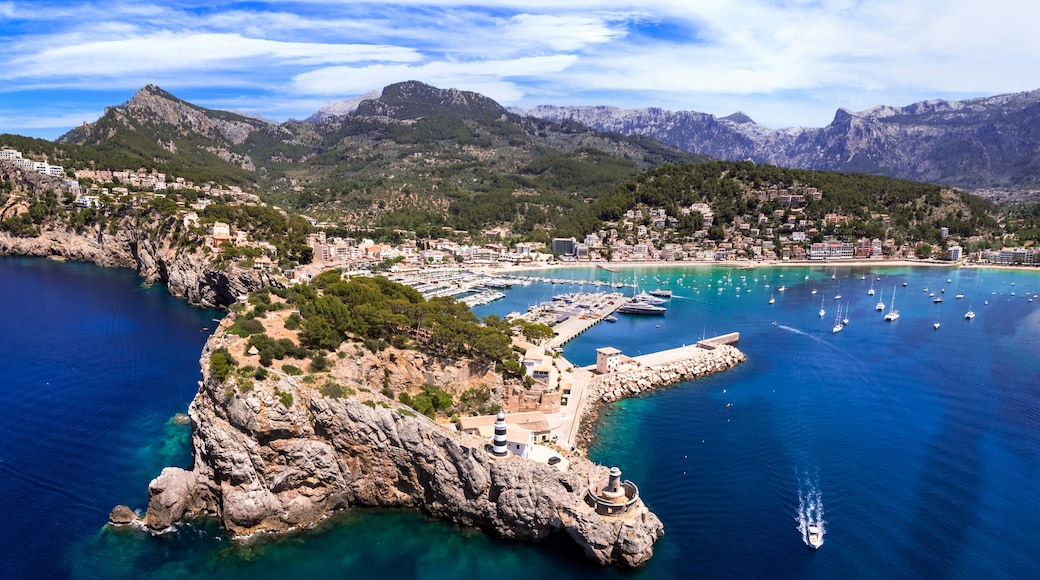 Mallorca island (Majorca) aerial drone 4k hd video of Port de Soller marine and lighthouse. Spain, Balearic islands