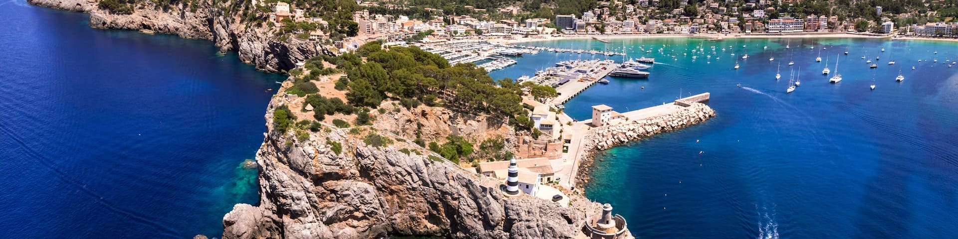 Mallorca island (Majorca) aerial drone 4k hd video of Port de Soller marine and lighthouse. Spain, Balearic islands