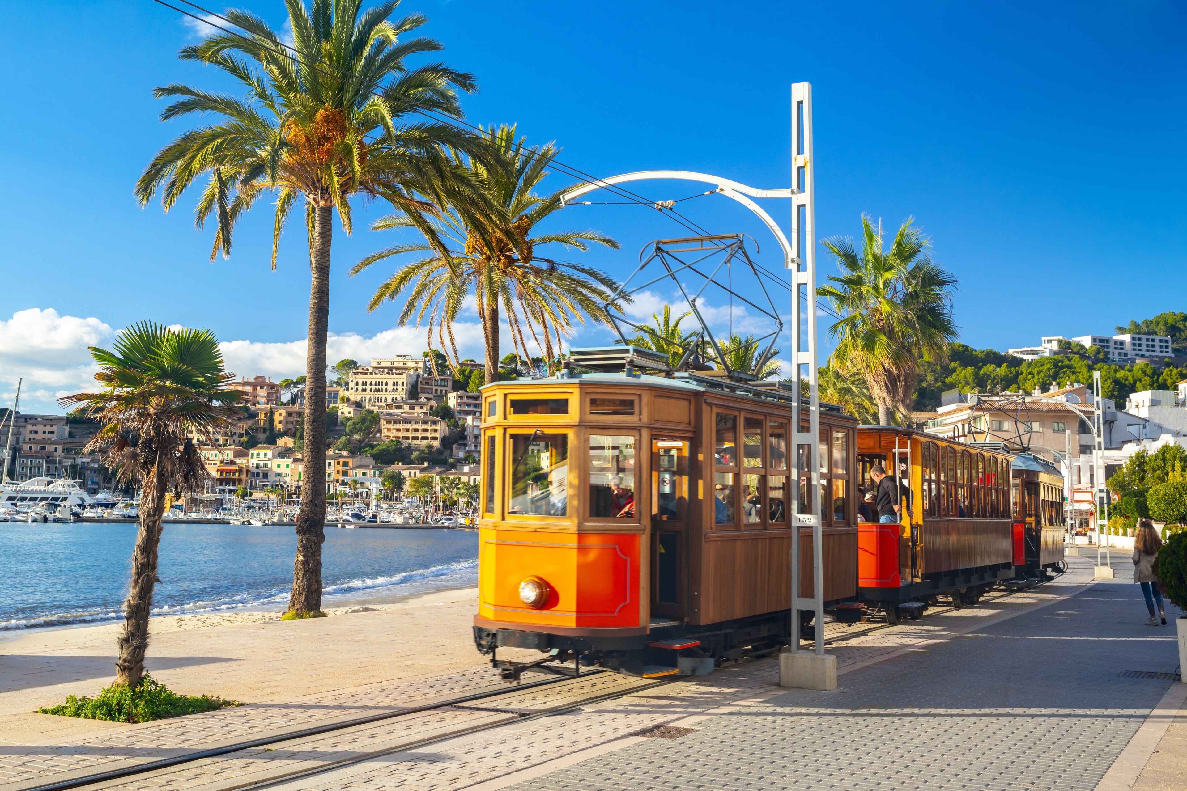 The famous orange tram runs from Soller to Port de Soller, Mallorca, Spain