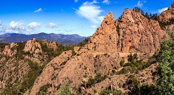 Nature of Corsica, France. Amazing red rocks of Calanques de Piana. famous route and travel destination in west coast of the island in gulf of Porto