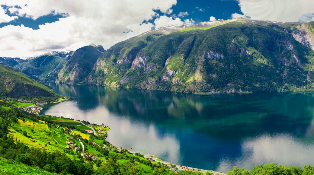 Beautiful panorama with view to Aurland, Aurlandfjord and Sognefjord from Stegastein in Norway, Europe. Sognefjord is largest and second longest fjord in the world.