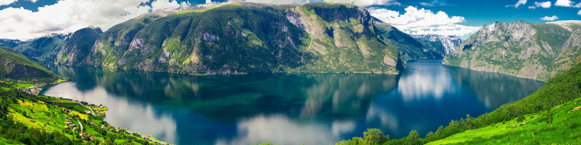 Beautiful panorama with view to Aurland, Aurlandfjord and Sognefjord from Stegastein in Norway, Europe. Sognefjord is largest and second longest fjord in the world.