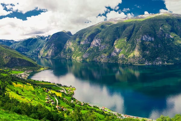 Beautiful panorama with view to Aurland, Aurlandfjord and Sognefjord from Stegastein in Norway, Europe. Sognefjord is largest and second longest fjord in the world.